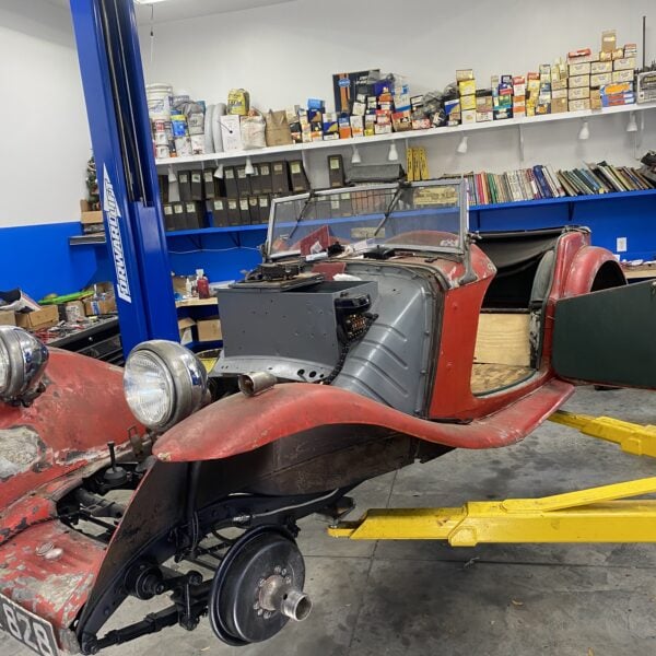 IMG 4483 1937 MG TA on the lift Import Specialties of Columbia