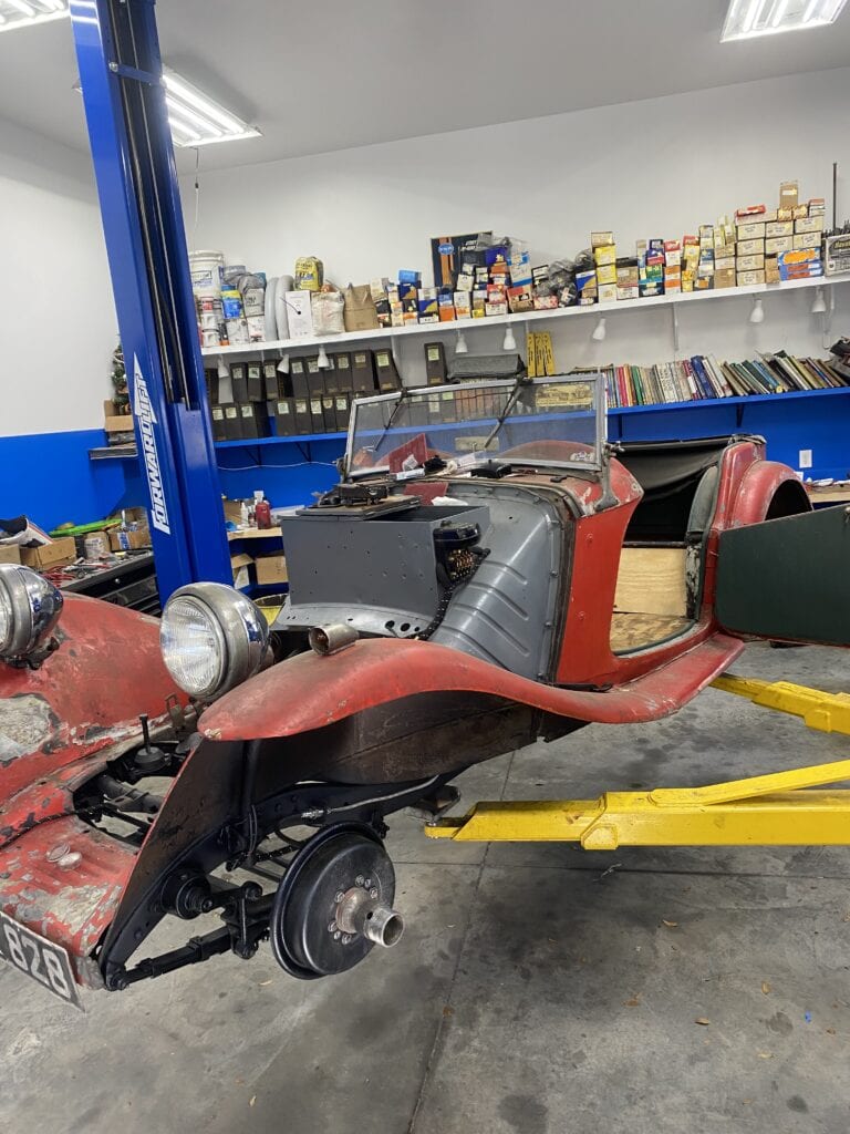 IMG 4483 1937 MG TA on the lift Import Specialties of Columbia